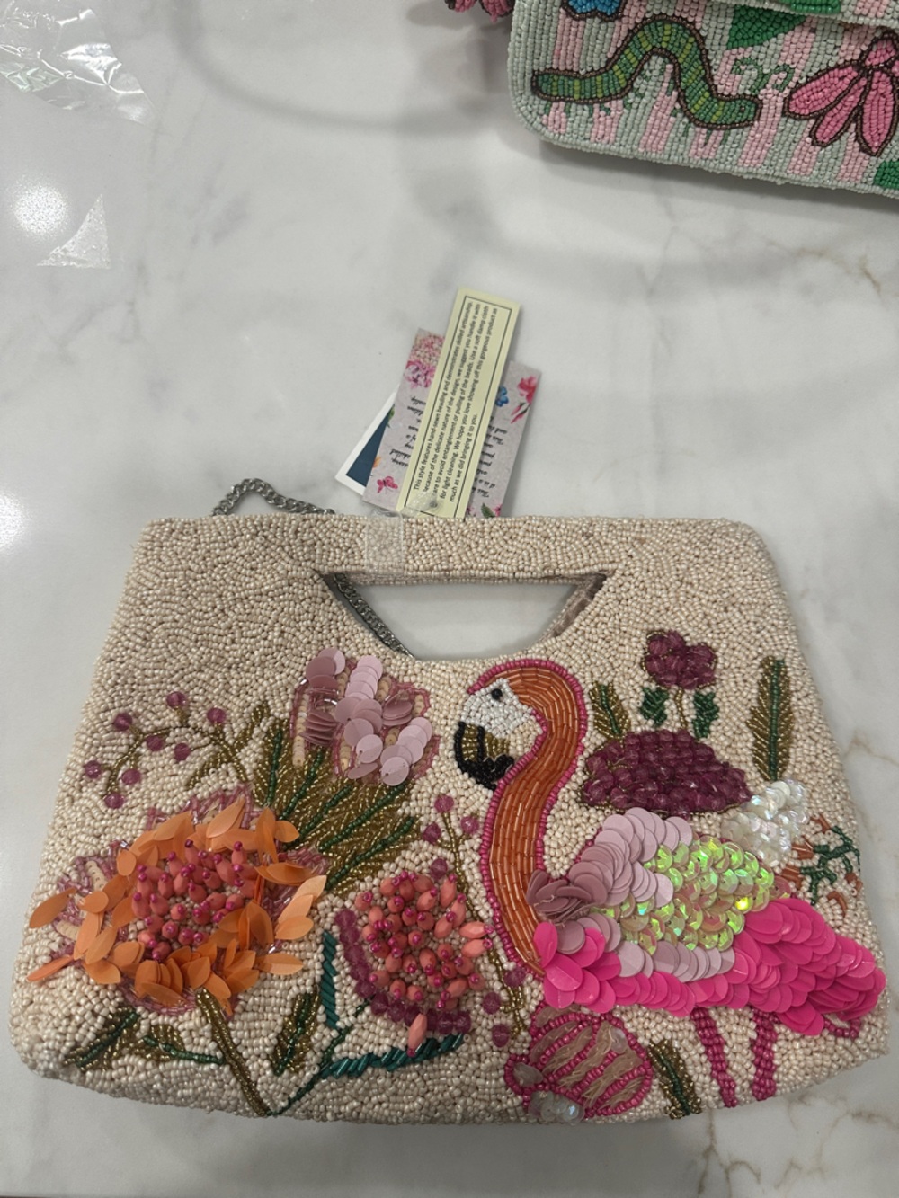 Made in India viral flamingo beaded bag in Cream & Pink